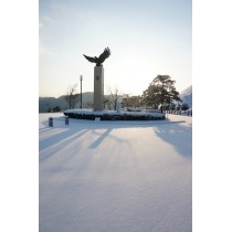 雪が降り積もった圓鍔記念公園